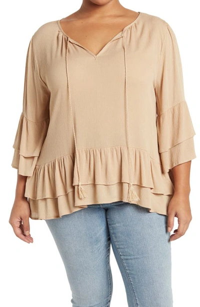 Forgotten Grace Tie Front Ruffle Waist Tunic In Mocha