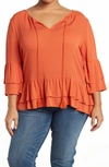 Forgotten Grace Tie Front Ruffle Waist Tunic In Rust