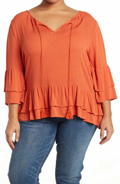 Forgotten Grace Tie Front Ruffle Waist Tunic In Rust