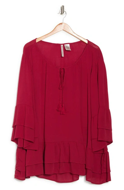 Forgotten Grace Tie Front Ruffle Waist Tunic In Burgundy