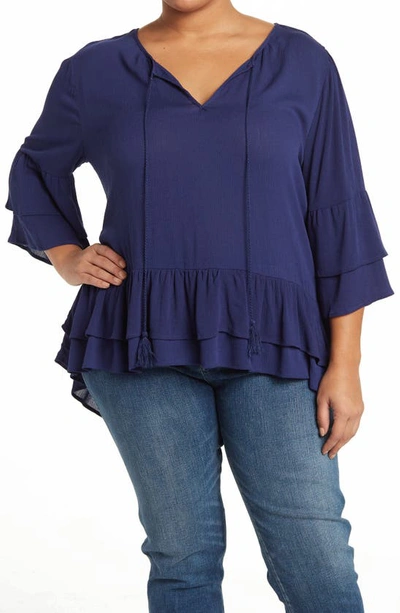 Forgotten Grace Tie Front Ruffle Waist Tunic In Navy