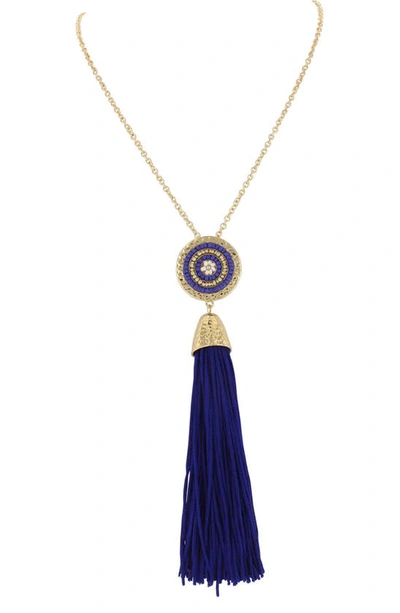 Olivia Welles Gold Plated Beaded Tassel Necklace In Gold / Blue