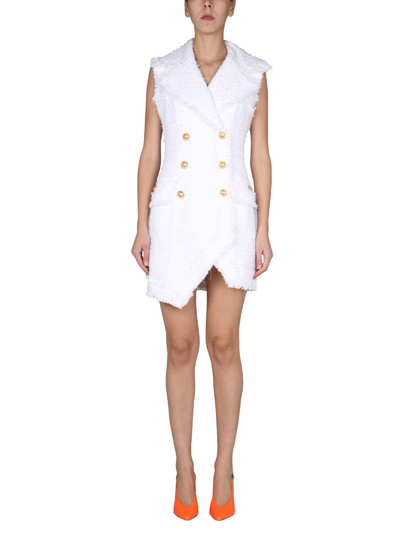Balmain Asymmetric Cotton-blend Tweed Mini Dress In White