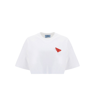 Prada Triangle-brooch Cropped T-shirt In White