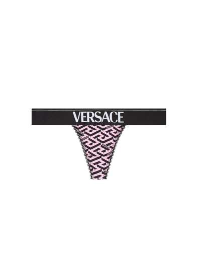 Versace La Greca Monogram-print Mid-rise Stretch-cotton Thong In Candy & Black