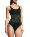 Alaïa Vienne Perforated Seamless One-piece Swimsuit In Vert Fonce