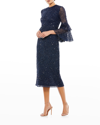 Mac Duggal Tiered Ruffle-sleeve Sequin Midi Dress In Navy