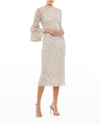 Mac Duggal Tiered Ruffle-sleeve Sequin Midi Dress In Nude