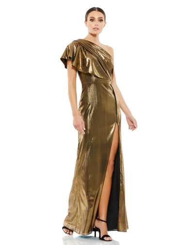 Mac Duggal One-shoulder Metallic Side Slit Gown In Bronze