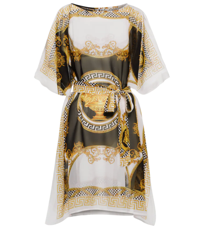 Versace Cold-shoulder Belted Printed Silk-georgette Kaftan In Bianco+oro+nero