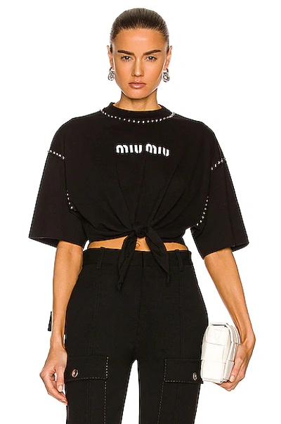 Miu Miu Logo Short Sleeve Tie T-shirt In Black