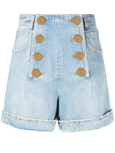 Balmain Button-front Denim Shorts In Blue