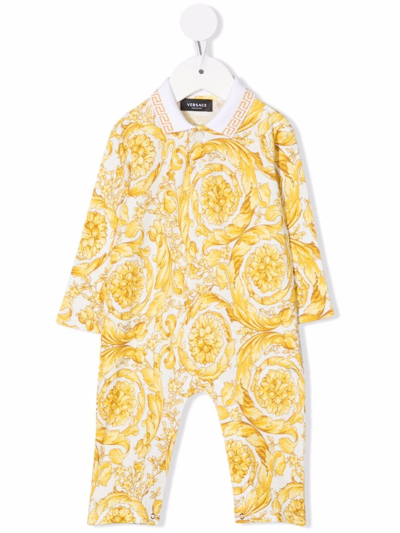 Versace Babies' 巴洛克图案印花连体紧身衣 In White