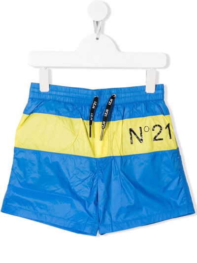 N°21 Kids' Stripe Logo Swimming Shorts In Blue