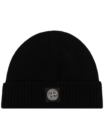 Stone Island Junior Kids' Logo-patch Detail Beanie In Black