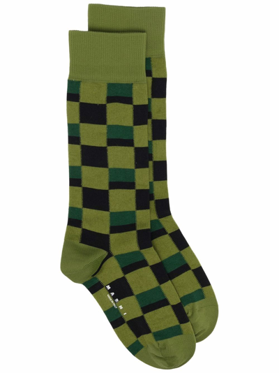 Marni Check-print Socks In Green