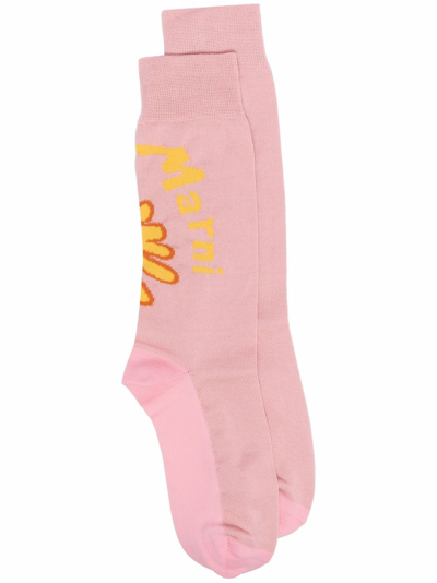 Marni Floral Intarsia Ankle Socks In Pink