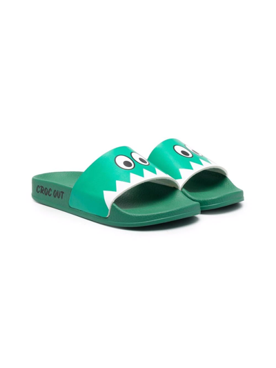 Stella Mccartney Kids' Crocodile Print Rubber Slide Sandals In Green