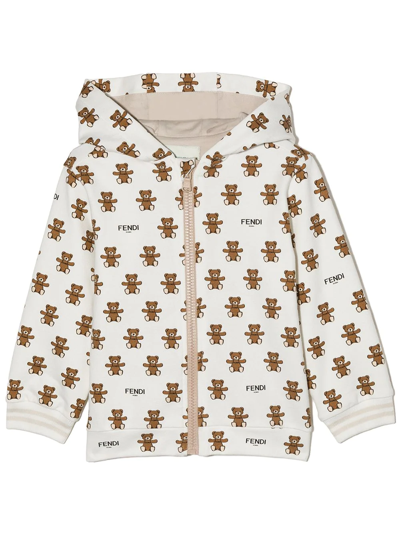 Fendi Babies' Teddy Bear Print Zipped Jacket In White