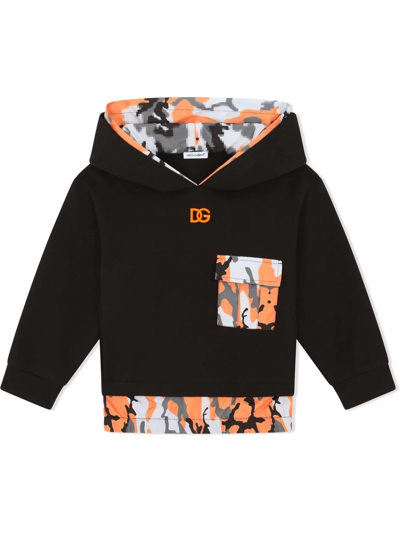 Dolce & Gabbana Kids' Camouflage-trim Embroidered Logo Hoodie In Black