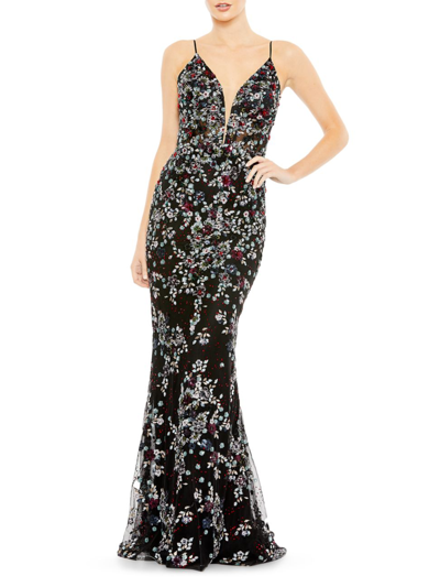 Mac Duggal Floral Embellished Mermaid Gown In Black
