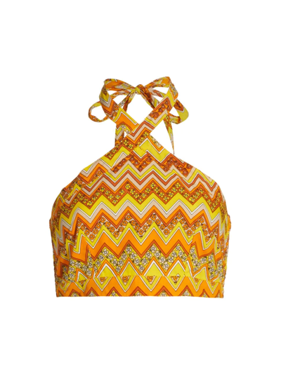 S/w/f Printed Cotton Halter Crop Top In Yellow