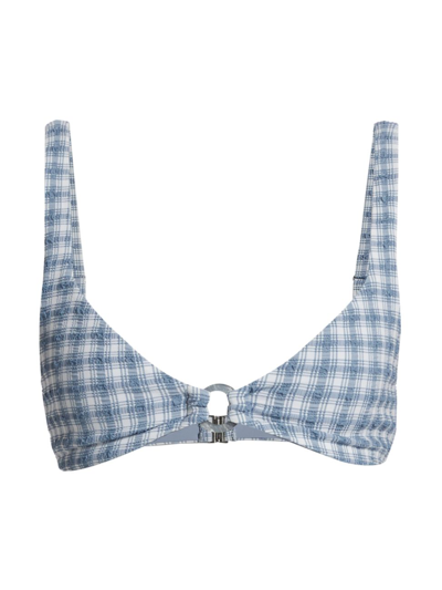 Jonathan Simkhai Seersucker Plaid Ring-front Bikini Top In Adriatic