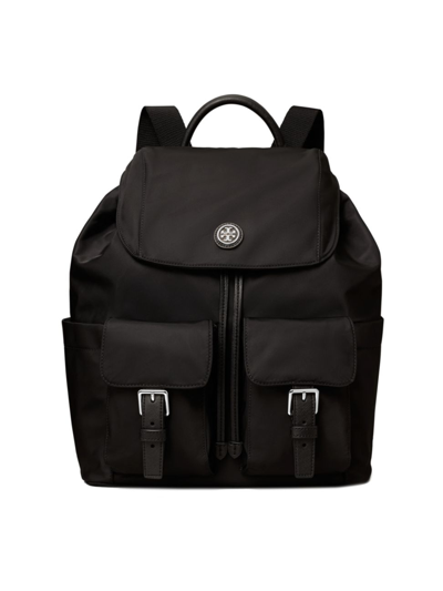 Tory Burch Flap Nylon Backpack In Black/silver