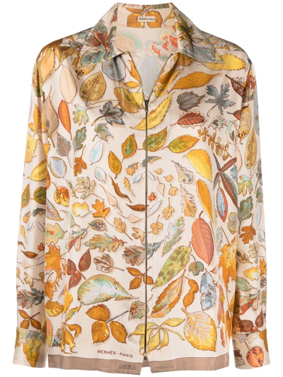 Pre-owned Hermes 1990s  Leaves Print Silk Shirt In Neutrals