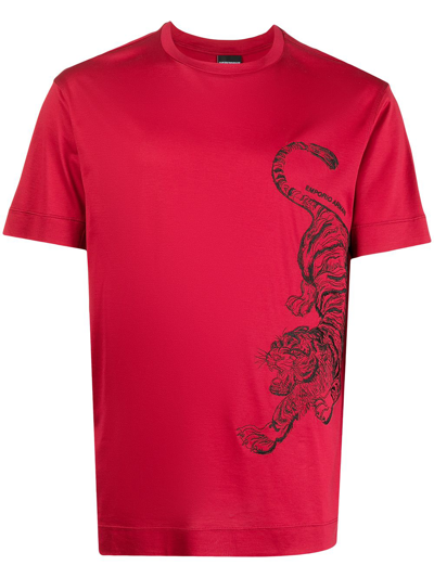 Emporio Armani Tiger-print Short-sleeve T-shirt In Red