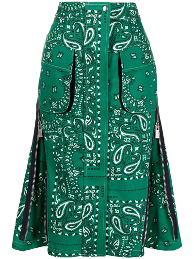 Sacai Paisley-print Midi Skirt In Green