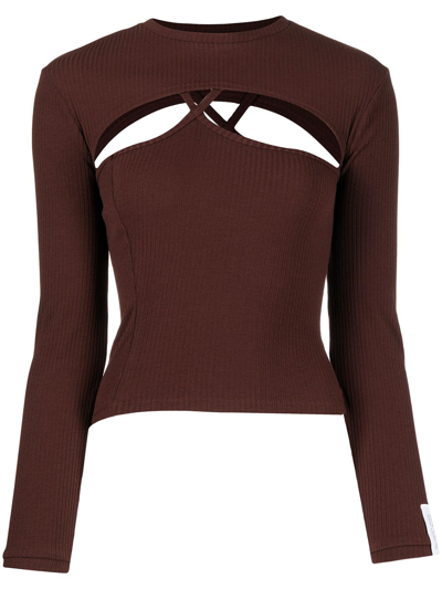 Rokh Ribbed Cut-out Top In Brown