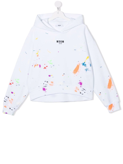 Msgm Teen Paint-splatter Logo-print Hoodie In White