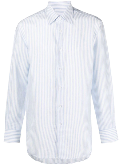 Brioni Men's Striped Cotton-linen Dress Shirt In White/bluette