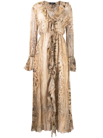 Blumarine Snake Print Silk Crepe Ruffle Midi Dress In Brown