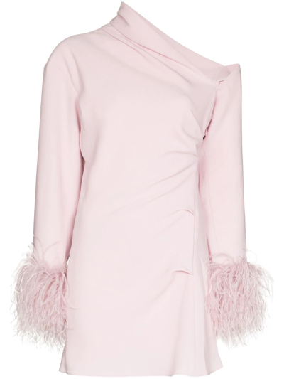 16arlington Adelaide One-shoulder Crepe Mini Dress W/ Feather Trim In Pink