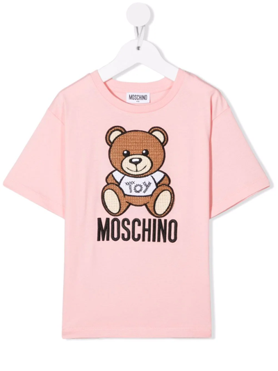 Moschino Kids' Teddy Bear-motif Cotton T-shirt In Rosa