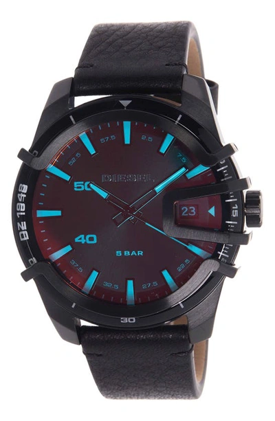 Diesel ®  Caged Three-hand Black Stainless Steel Leather Strap Watch, 46mm