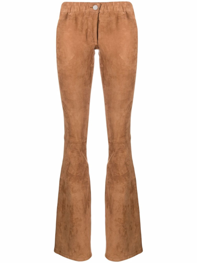 Arma Cropped Flared Suede Trousers In Brown