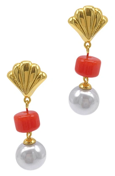 Adornia Spring 2022 14k Yellow Gold Vermeil Imitation Pearl And Shell Drop Earrings In White