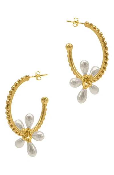 Adornia Spring 2022 14k Yellow Gold Vermeil Floral 7-8mm Imitation Pearl Charm Hoop Earrings In White