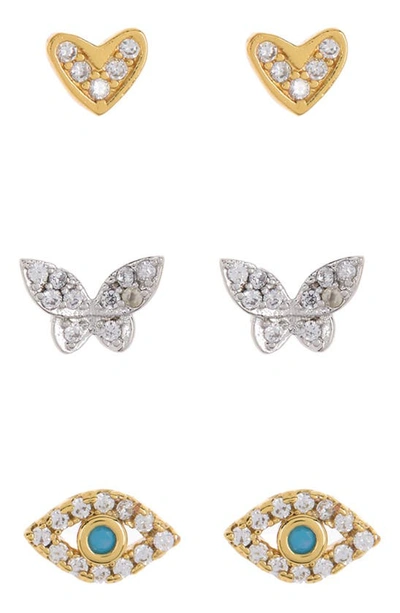 Adornia Heart, Evil Eye & Butterfly Stud Earrings Set In Gold