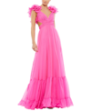 Mac Duggal Rosette Chiffon Cutout Empire Waist Gown In Hot Pink