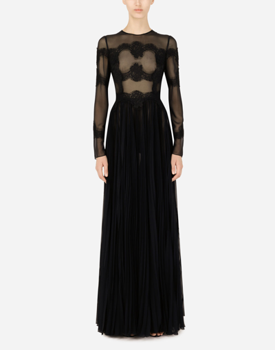 Dolce & Gabbana Long Chiffon Dress With Lace Details In Black