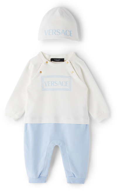 Versace Baby White & Blue Jersey Bodysuit & Beanie Set In Optical White+turquo