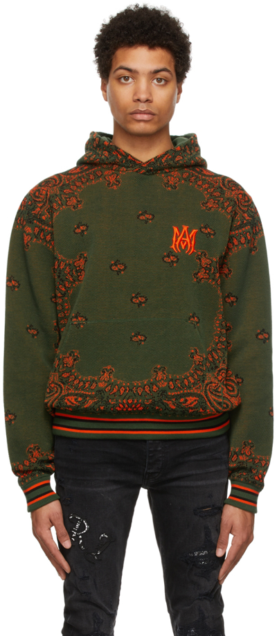 Amiri Bandana-jacquard Cotton And Cashmere-blend Hoodie In Green / Orange