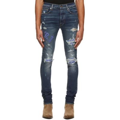 Amiri Men's Old English Rip/repair Logo Jeans In Blue