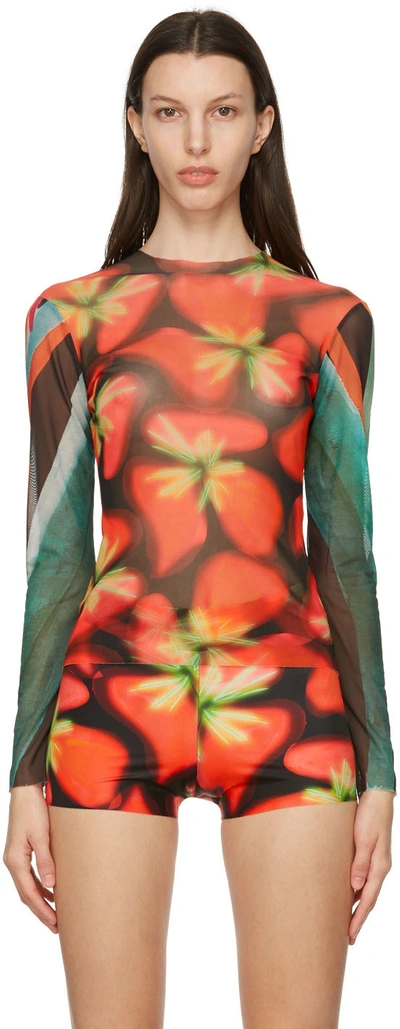 Louisa Ballou Multicolor Long Sleeve Mesh Top In Birds Of Paradis/pin