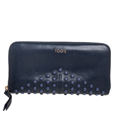 Pre-owned Tod's Navy Blue Leather Gommini Zip Around Continental Wallet