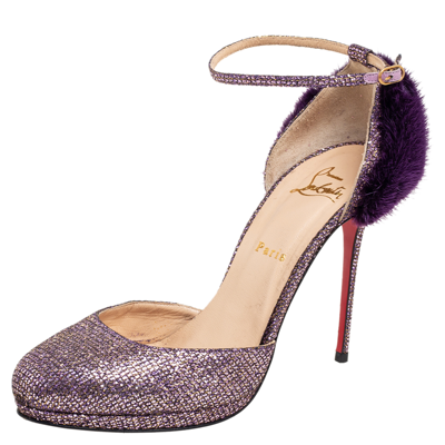 Pre-owned Christian Louboutin Purple Glitter Fabric/mink Crazy Fur D'orsay Pump Size 39.5